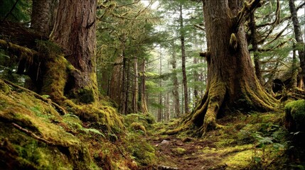 Obraz premium Serene Old Growth Forest with Mossy Trees and Natural Light