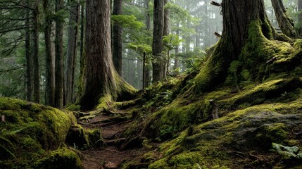 Majestic Old Growth Forest with Mossy Trees and Serene Pathways
