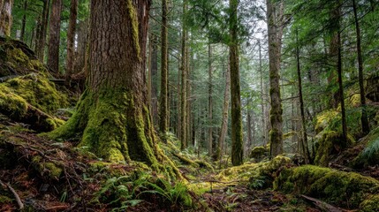 Fototapeta premium Serene Old Growth Forest with Mossy Trees and Lush Greenery