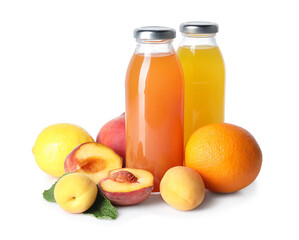 Tasty juice in glass bottles, fruits and mint isolated on white