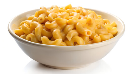 A bowl filled with macaroni and cheese on a white background with soft shadows and good lighting