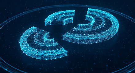 Abstract blue digital circle with connection dots and lines representing global network and wireless communication technology