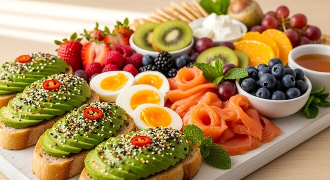 Breakfast charcuterie board with avocado toast, boiled eggs, smoked salmon, and seasonal fruit, three-quarter angle, soft directional light, modern editorial food photography for stock images