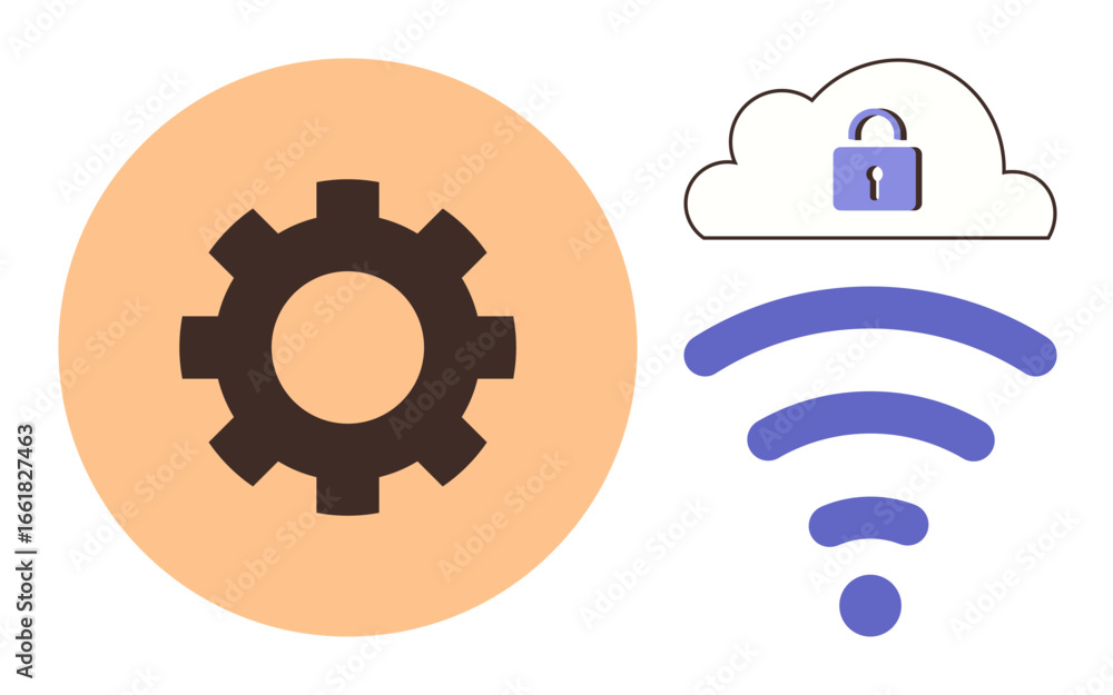 Poster gear representing settings, cloud with secure lock symbol, and wireless signal highlighting connecti