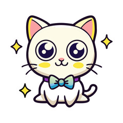Obraz premium Vector art of cute white cartoon cat with a bow tie and stars