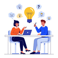 Brainstorming Brilliance: Two individuals collaborate, exchanging innovative ideas under the illuminating glow of a creative concept, set in a contemporary environment of teamwork and inspiration.