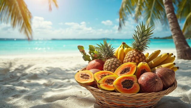 Tropical fruit basket with pineapples and coconuts on serene sandy beach