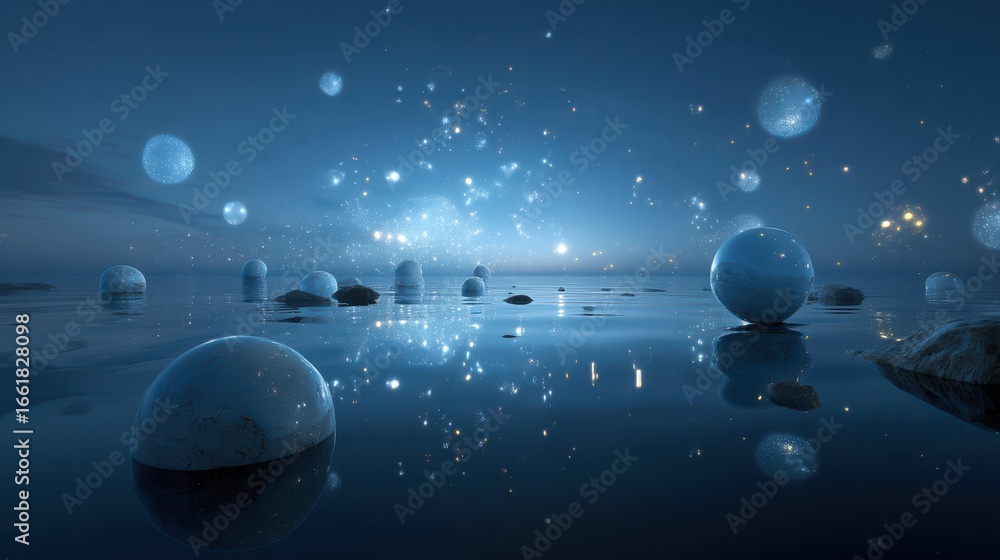 Poster peaceful universe with floating light orbs in calm waters at dusk