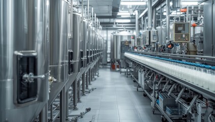 Fototapeta premium Stainless steel milk tanks in modern dairy pasteurization and bottling facility