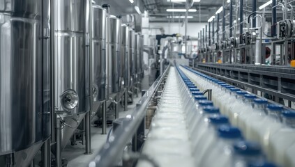Naklejka premium Stainless steel milk tanks in modern dairy pasteurization and bottling facility