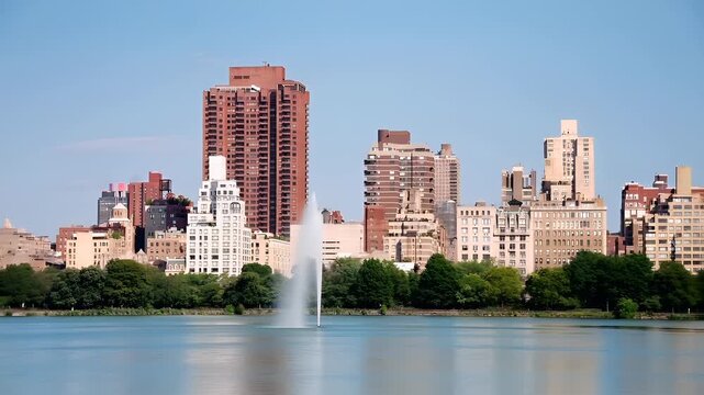 Central park. Manhattan, New York City. Aerial view of a cityscape with a prominent fountain in the foreground. The city skyline is a mix of modern highrise buildings and older structures.