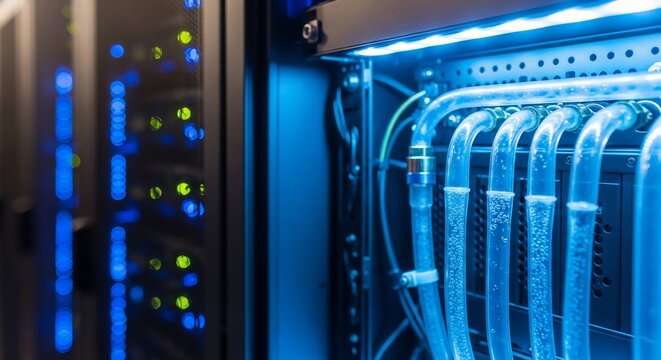 Futuristic Server Rack with Blue LED Lighting and Liquid Cooling Tubes.