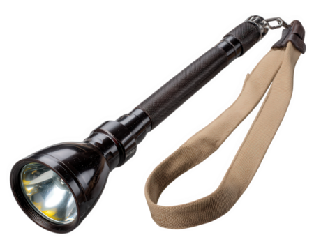 Black tactical flashlight with textured handle, attached beige strap, and metal clip, designed for outdoor activities, emergency use, and camping, isolated on transparency background