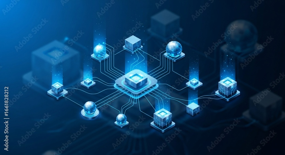 Poster global network isometric illustration of interconnected data cubes and globes futuristic technology 