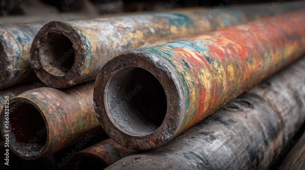 Poster old abandoned factory pipes with rust and colorful paint residue