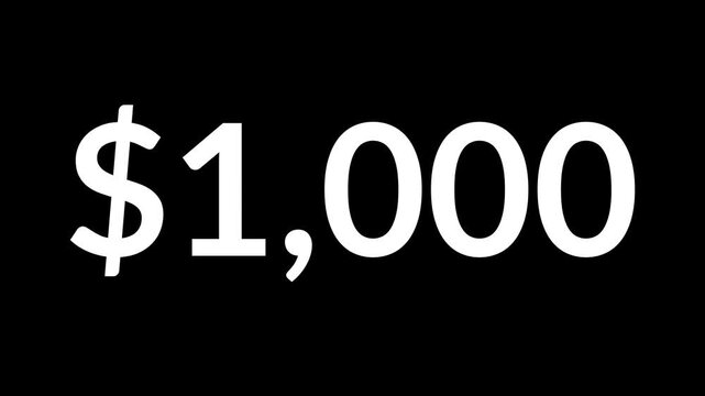 Animated dollar counter increasing from 0 to 2000 on black background