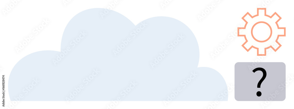 Poster blue cloud shape, orange gear, and gray question mark symbolizing cloud computing, system functional