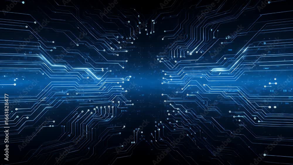 Poster futuristic circuit board animation with glowing light streaks and data flowing through electronic pa