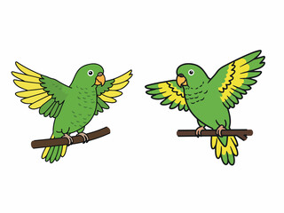 Parrot perched on branch with wings partially open flat vector illustration