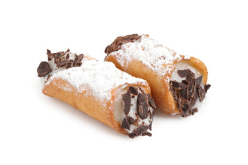 Delicious cannoli with ricotta cheese, chocolate and powdered sugar isolated on white