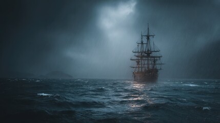 Fototapeta premium Dramatic Scene of Pirate Ship Struggling in Stormy Sea Environment