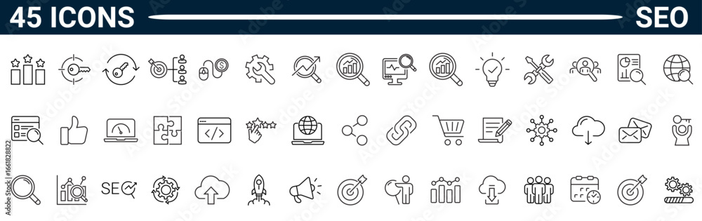 Poster set of 45 outline icons related to seo or search engine optimization. linear icon collection. editab