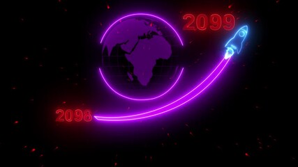 2099 concept of new year beginning, happy celebration, festival, new life, growth of business, startup. Businessman shows glowing neon line word of 2099 with rocket icon on black background.