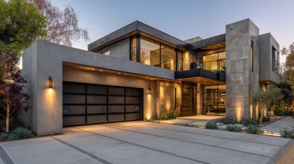 A large grey house with a black garage door and a large window. The house is well lit and has a modern design