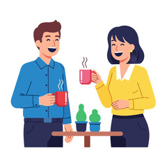 Morning Coffee Chat: A cheerful duo enjoying coffee and lighthearted conversation, exuding warmth and connection with the comfort of their morning rituals.
