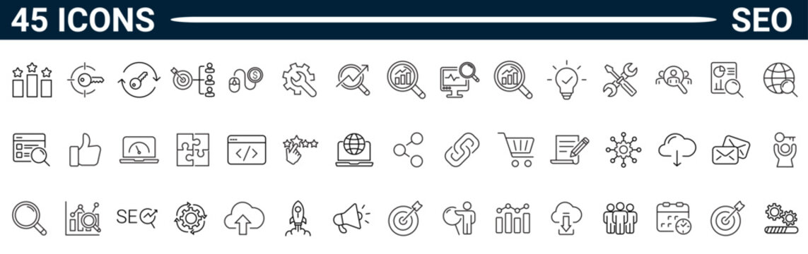 Set of 45 outline icons related to seo or search engine optimization. Linear icon collection. Editable stroke. Vector illustration. Pictograms and infographics for mobile apps. 