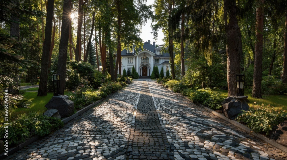 Aufkleber a large house with a driveway in front of it. the driveway is paved with cobblestones and has a whit