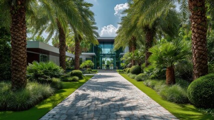 Fototapeta premium A large house with a long driveway and palm trees in the background. The house is surrounded by a lush green garden