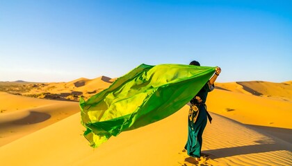 A person in vibrant attire holding a flowing green cloth in a vast desert