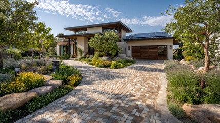 A large house with a driveway and a garden. The house is surrounded by trees and bushes. The driveway is paved with bricks and has a solar panel on the roof