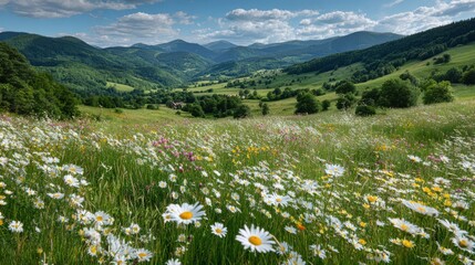 A lush meadow filled with daisies and colorful wildflowers rolling into distant green hills, framed by a bright blue summer sky