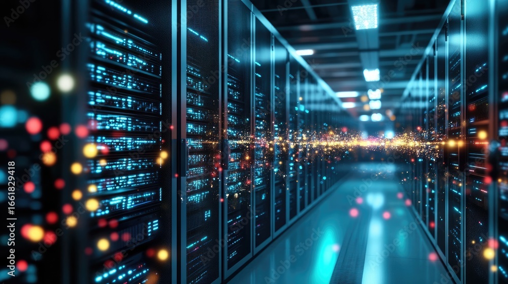 Aufkleber a captivating view of a modern data center, featuring rows of servers with illuminated lights. this 