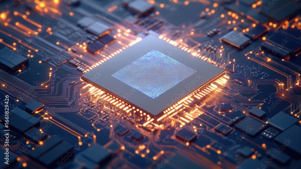 Poster close-up view of a modern microprocessor, showcasing intricate circuit designs and vibrant led light