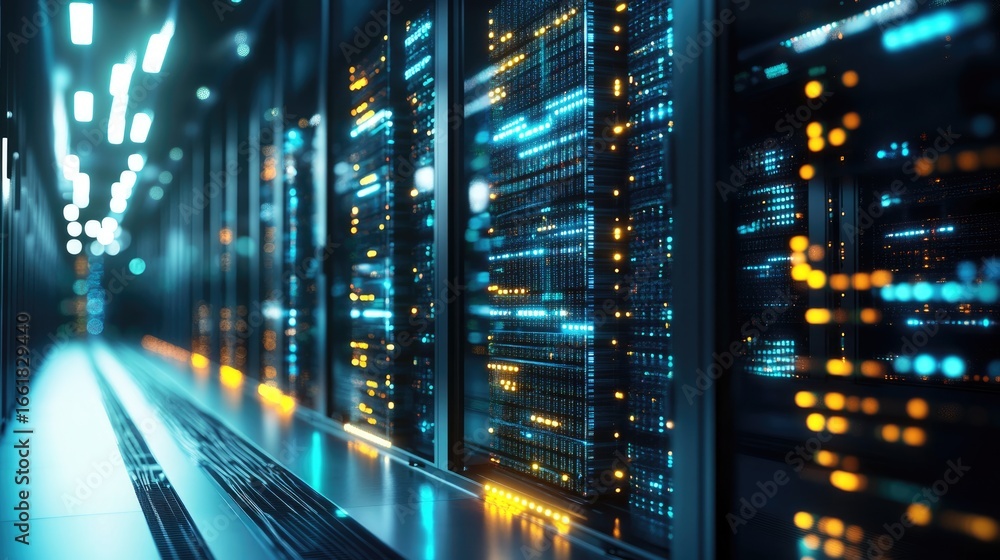 Poster a modern data center featuring high-tech servers with glowing lights. this advanced computing enviro