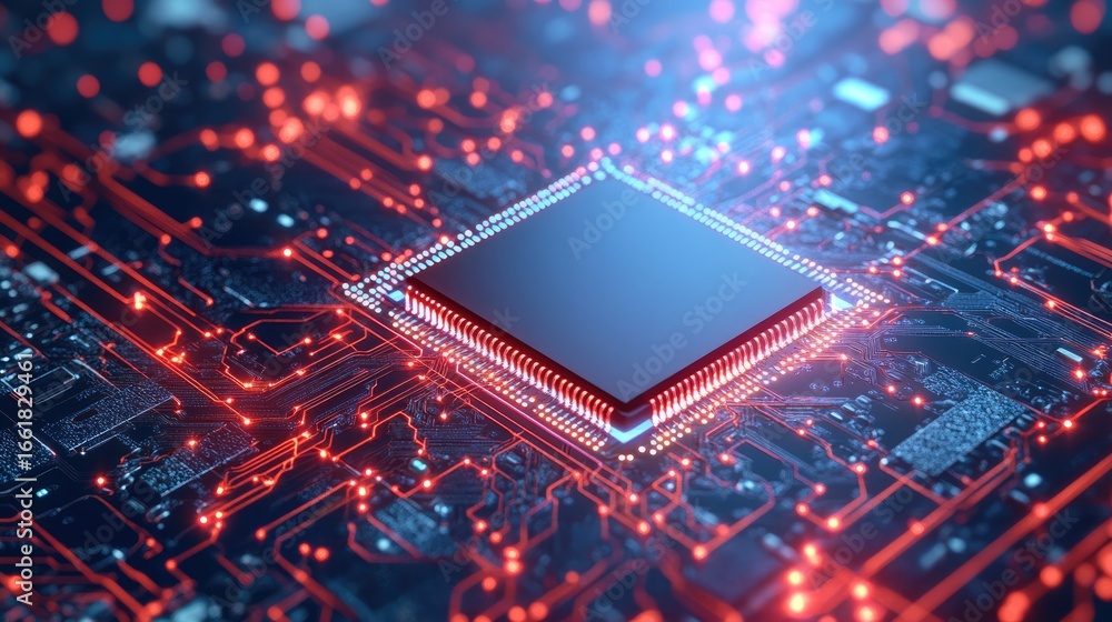 Aufkleber a close-up of a futuristic microprocessor surrounded by glowing circuitry, emphasizing innovation an