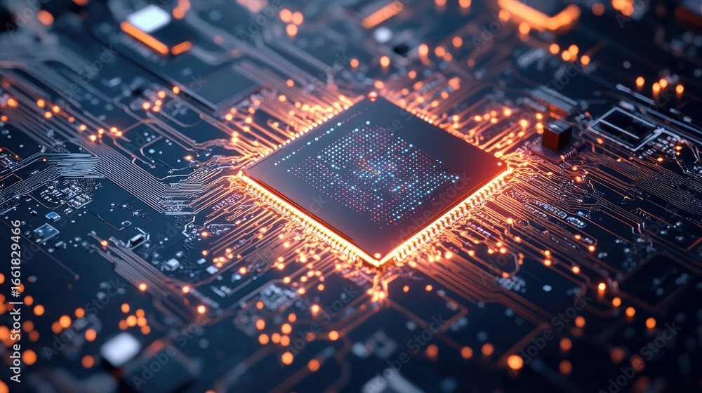 Aufkleber a close-up view of a glowing microprocessor on a circuit board, showcasing intricate details of tech
