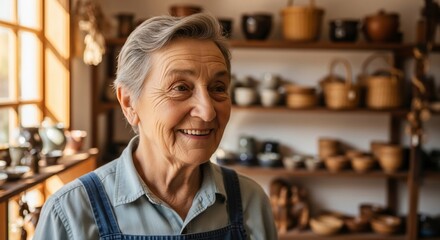 Joyful Elderly Artisan with Silver Hair Smiling Warmly in a Sunlit Pottery Studio.