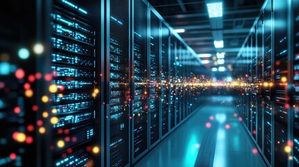 Fototapeta premium A captivating view of a modern data center, featuring rows of servers with illuminated lights. This image showcases the essence of technology and digital infrastructure.
