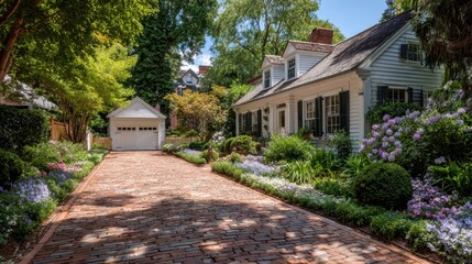 A brick driveway leads to a white house with a garage. The driveway is lined with flowers and bushes, creating a peaceful and inviting atmosphere
