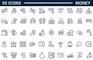 Money line icon set. Includes Money, dollar, cash, pay, banking, business, finance, coin wallet, credit card. Editable stroke. Vector illustration