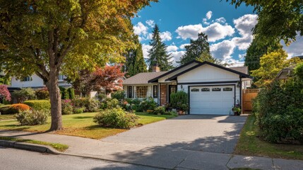 A house with a white garage door and a tree in front of it. The house is surrounded by a lush green lawn