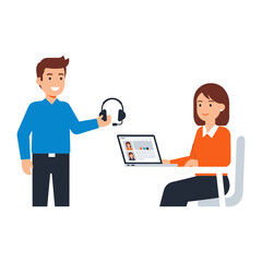Collaboration in the Digital Age: A collaborative scene shows two individuals engaged in a modern work scenario, highlighting communication and connectivity in the business environment.