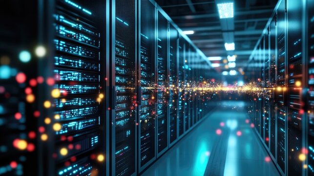 A captivating view of a modern data center, featuring rows of servers with illuminated lights. This image showcases the essence of technology and digital infrastructure.
