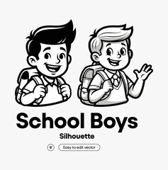Two school boys with backpacks, black and white
