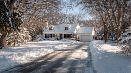 A house with a white roof and a garage. The driveway is covered in snow. The house is surrounded by trees
