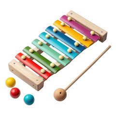 A colorful wooden xylophone with a mallet and balls [Transparent Background PNG].
